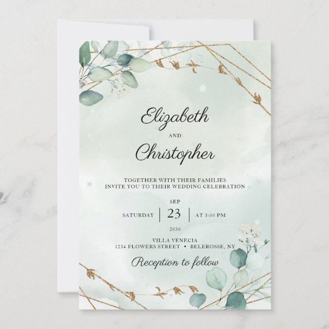Convites Casamento Dourado de Quadro Eucalyptus Foliage (Frente)
