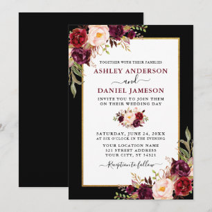 Convites Casamento Dourado de quadro negro borgonha