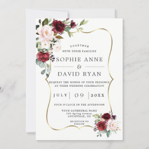 Convites Casamento Dourado de Quadros de Flores Rosa Elegan