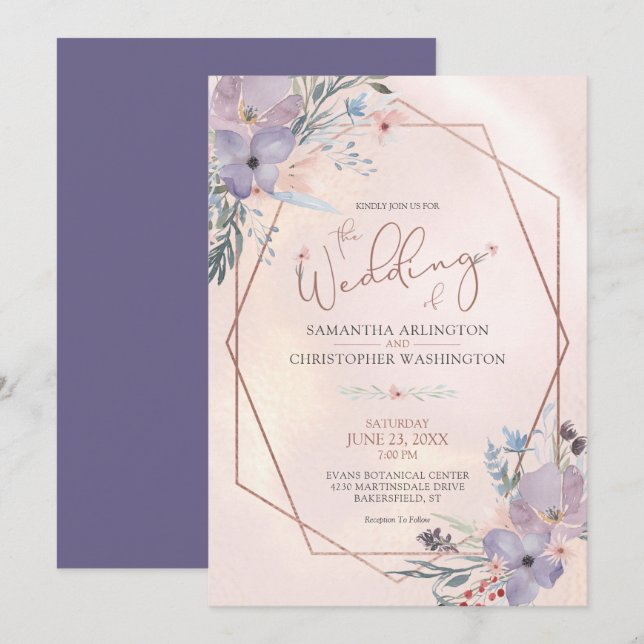 Convites Casamento Dourado de Rosa de Cobre Púrpura de Wate (Frente/Verso)