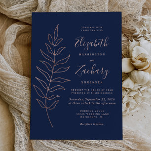 Convites Casamento Dourado de Rosa de Linha Botânica Simple