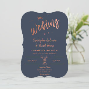 Convites Casamento Dourado de Rosa Simples de Script Azul d