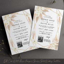 Convites Casamento Dourado de Rosas Brancas Pampas Grass