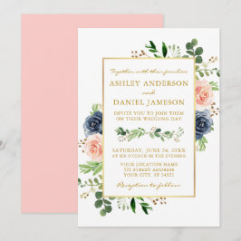 Convites Casamento Dourado de Rosas de Aquarela Azul-Rosa D