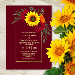 Convites Casamento Dourado de Rosas vermelhas Sunflower