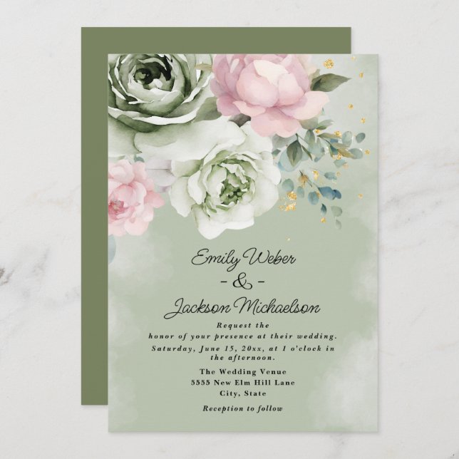 Convites Casamento Dourado de Sage Green Roses Pink (Frente/Verso)