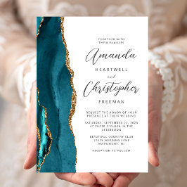 Convites Casamento Dourado de Script Azul de Agate Teal