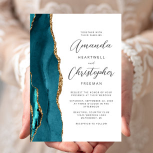 Convites Casamento Dourado de Script Azul de Agate Teal