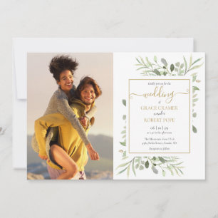 Convites Casamento Dourado de Script Greenery Botânico