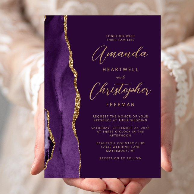 Convites Casamento Dourado de Script Moderno de Agato Roxo (Criador carregado)