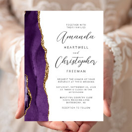 Convites Casamento Dourado de Script Moderno de Agato Roxo