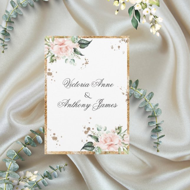 Convites Casamento Dourado de Script Rosa Floral Elegante (Criador carregado)