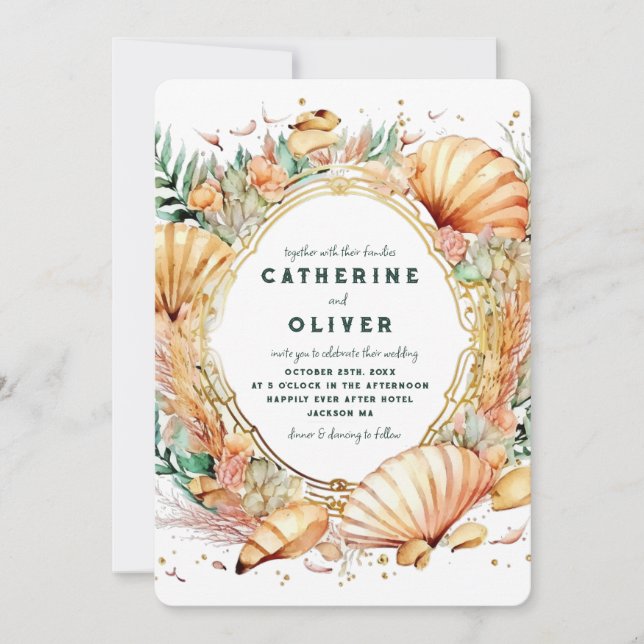 Convites Casamento Dourado de Seashell Ocean Summer Beach (Frente)