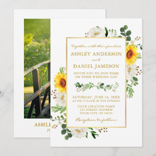 Convites Casamento Dourado de Sunflower Floral de Watercolo