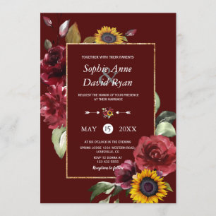 Convites Casamento Dourado de Sunflower Real Burgundy