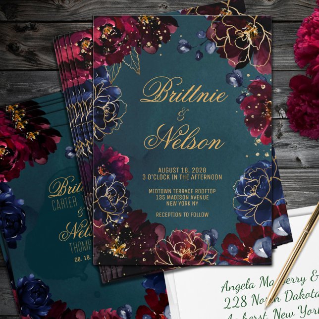 Convites Casamento Dourado de Teal Bordeaux Sapphire Jewel  (Teal Bordeaux Sapphire Jewel Tone Gold Wedding Invitation)