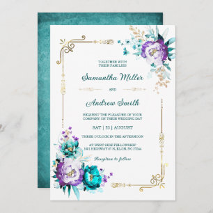 Convites Casamento Dourado de Teal e Roxo Editável