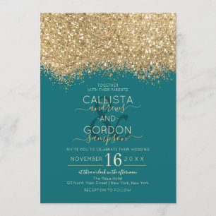 Convites Casamento Dourado de Teal Glitter Confetti, modern