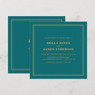 Convites Casamento Dourado de Teal Simples Moderno