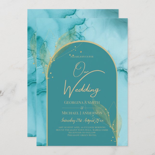 Convites Casamento Dourado de Teal Turquoise Oceânica (Frente/Verso)