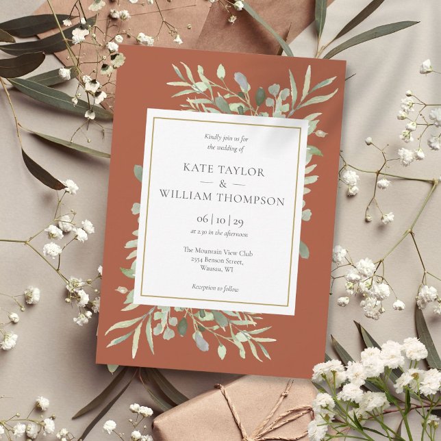 Convites Casamento Dourado de Terracotta Greenery Foliage (Terracotta Greenery Foliage Gold Wedding Invitation)