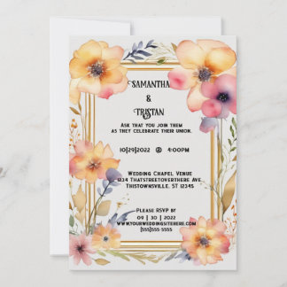 Convites Casamento Dourado de Trim com Aquarela de Flor Pre