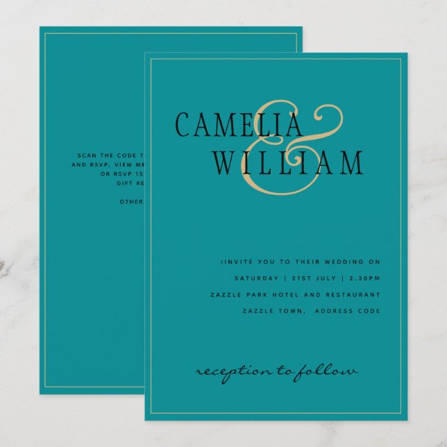 Convites Casamento Dourado de Turquoise Clássica eterno Sea (Frente/Verso)