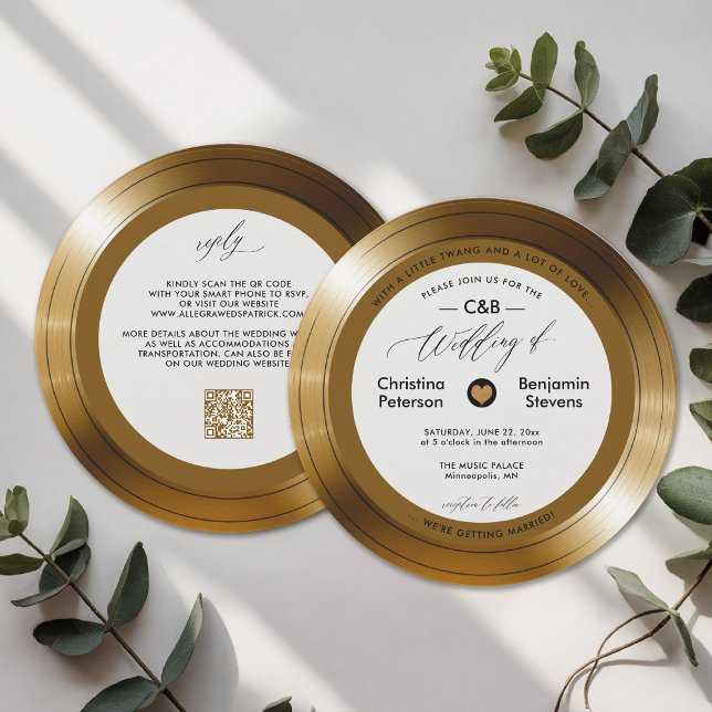 Convites Casamento Dourado de Vintage LP Vinyl (musician wedding invitation gold vintage lp record music lover QR code RSVP all in one modern classy)