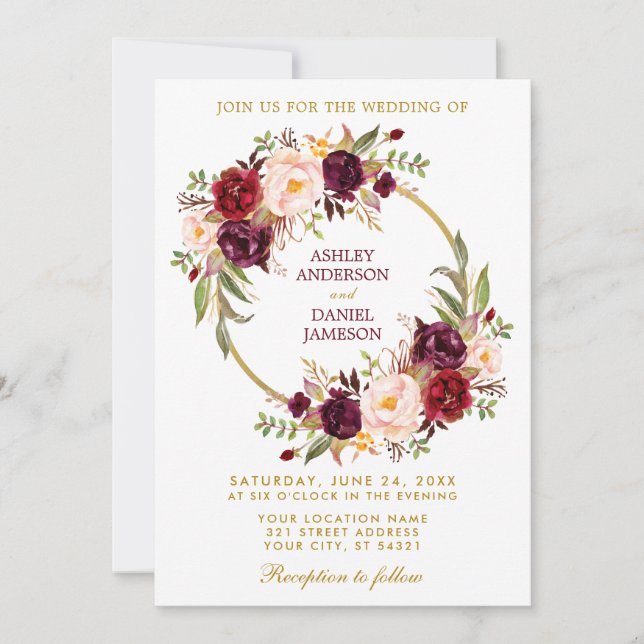 Convites Casamento Dourado de Watercolor Burgundy Floral Wr (Frente)