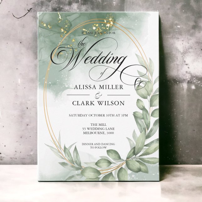 Convites Casamento Dourado de Watercolor Eucalyptus Greener (Criador carregado)