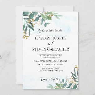 Convites Casamento Dourado de Watercolor Eucalyptus Greener