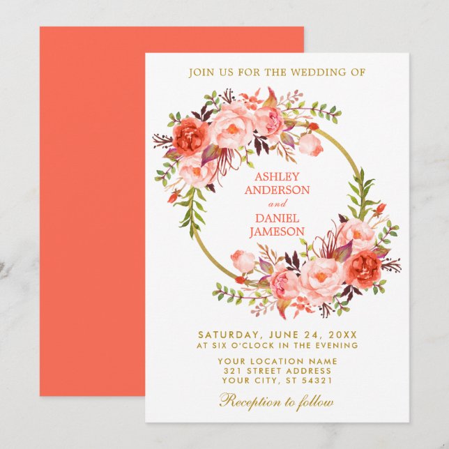 Convites Casamento Dourado de Watercolor Floral Wreath Cora (Frente/Verso)