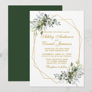 Convites Casamento Dourado de Watercolor Greenery Geo
