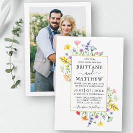 Convites Casamento Dourado de Watercolor Wildflower