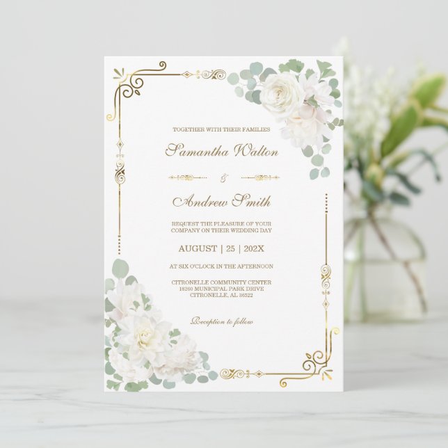 Convites Casamento Dourado de White Rose Sage Green (Em pé/Frente)