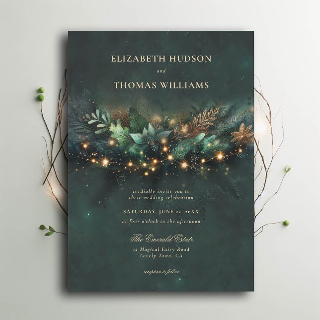 Convites Casamento Dourado de Wreath na Floresta Encantada (enchanted forest wedding invitation emerald gold wreath typography modern classic)