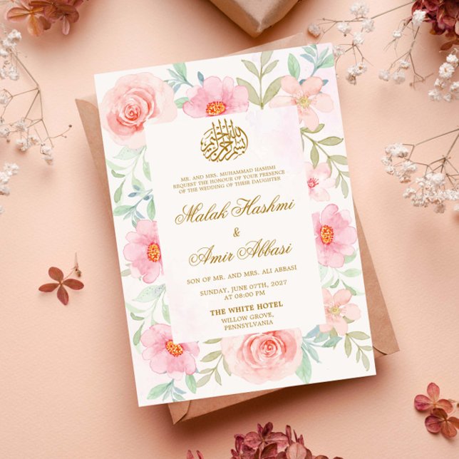 Convites Casamento Dourado-Design islâmico Pêssego e Rosa (Criador carregado)