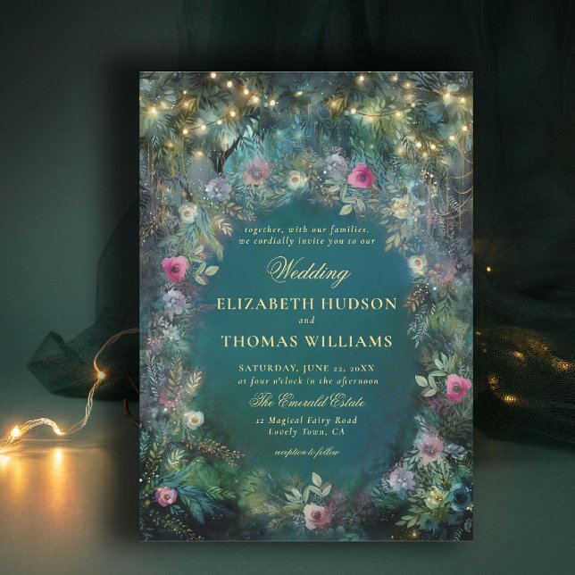 Convites Casamento Dourado do Arco Florestal Rosa Encantado (enchanted forest wedding theme emerald green gold invitation wild roses arch fairy tale storybook)