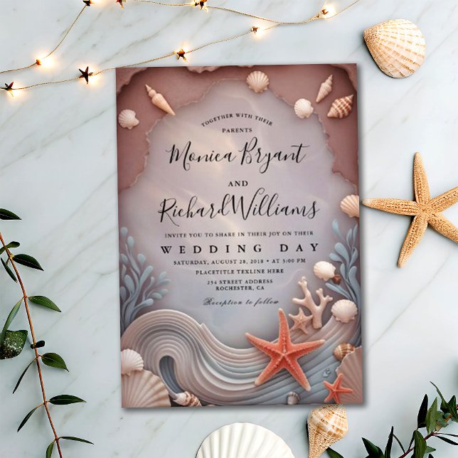 Convites Casamento Dourado do Casal de praia tropical (Criador carregado)