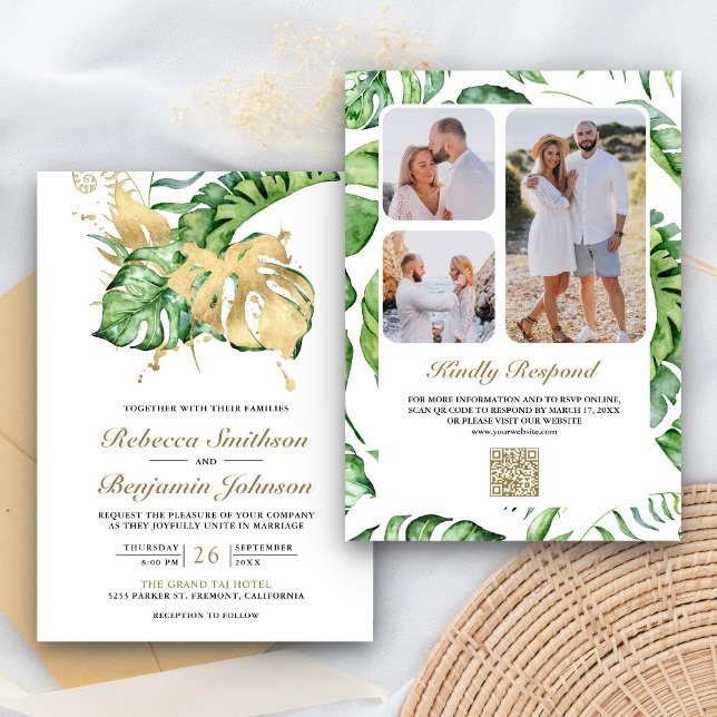 Convites Casamento Dourado do Código QR de Palma Tropical d (Criador carregado)