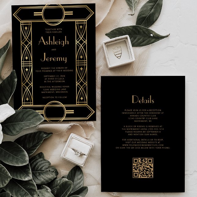 Convites Casamento Dourado do Código QR Preto do Deco da Vi (Criador carregado)
