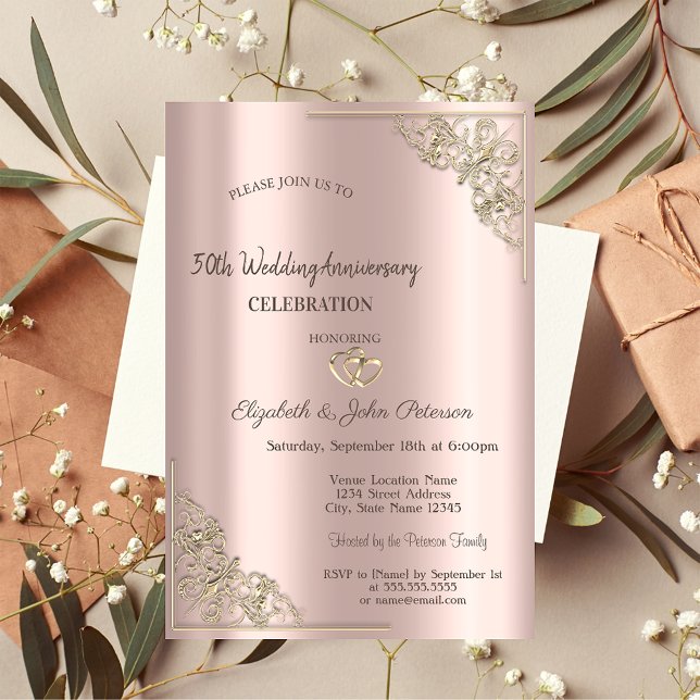 Convites Casamento Dourado do Elegant Hearts Frame Rosa (Criador carregado)