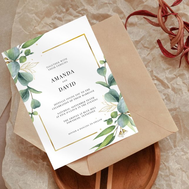 Convites Casamento Dourado do Elegante Eucalyptus Greenery (Criador carregado)