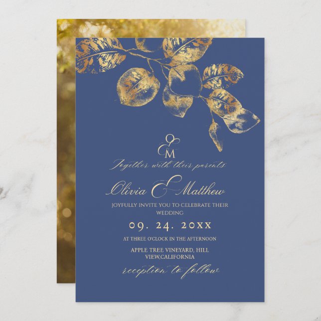 Convites Casamento Dourado do Elegante Sapphire Pantone (Frente/Verso)