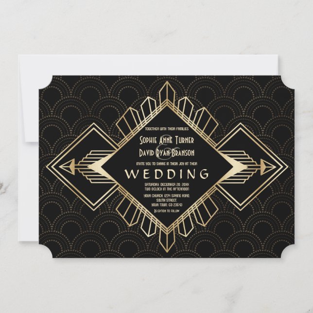 Convites Casamento Dourado do Excelente Negro Gatsby Vintag (Frente)