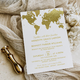 Convites Casamento Dourado do Mapa Mundial Elegante