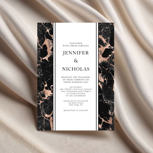 Convites Casamento Dourado do Mármore Negro Elegante (Elegant Black Marble Rose Gold Wedding Invitation)