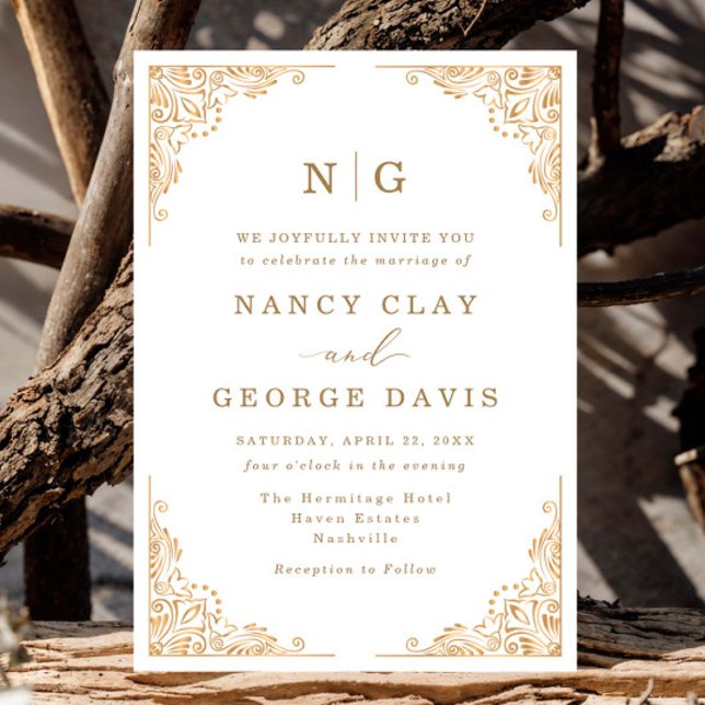 Convites Casamento Dourado do Monograma Clássico Romântico (Criador carregado)