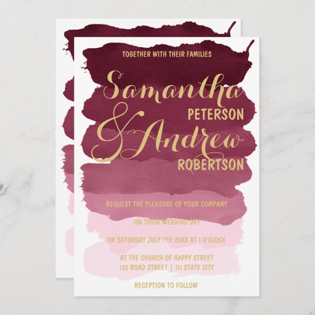 Convites Casamento Dourado do ombre da aguarela do (Frente/Verso)