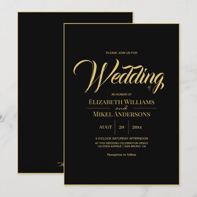 Convites Casamento Dourado do Orçamento Negro Elegante (Frente/Verso)